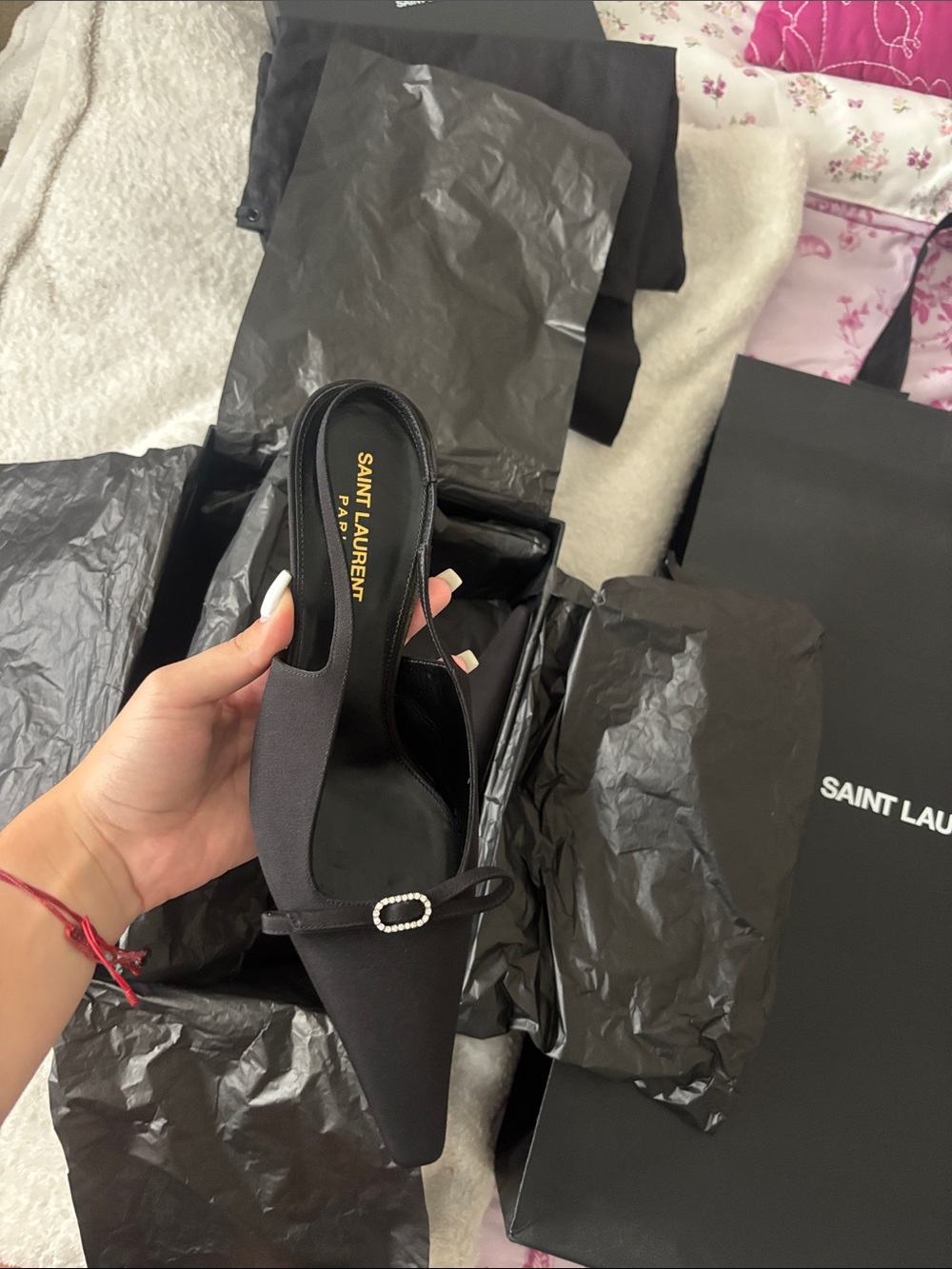 ORIGINAL Saint Laurent Black Pointed Slip-On Mule with Crystal Buckle
